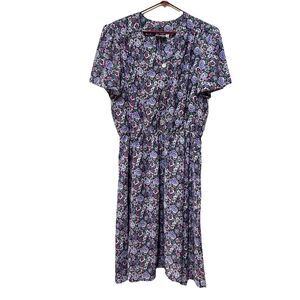 Vintage J.B Too 80s Dress 22W Floral Purple Green Button Front Midi Short Sleeve